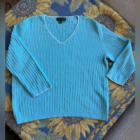 Lauren Ralph Lauren Blue V-Neck Cable Knit Sweater - Picture 2 of 4